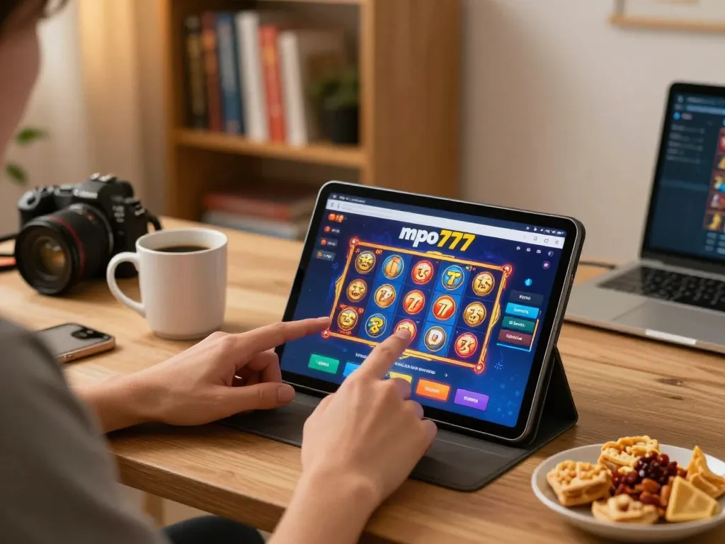 Engaged player interaction with mpo777 online slots in a cozy home environment