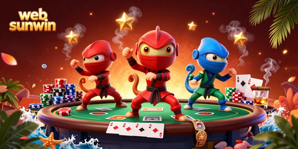 Engage with web sunwin in a vibrant 3D casino scene featuring ninja chameleons and poker elements.