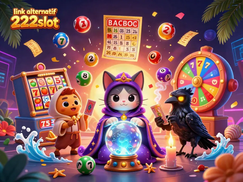 Menangkan slot dengan link alternatif 222slot, ilustrasi tiga karakter slot dan elemen permainan menarik.