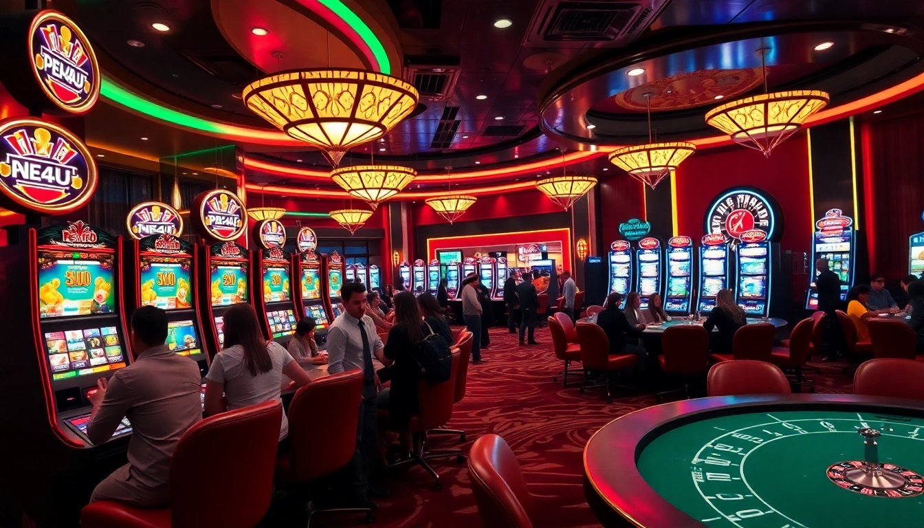 Excited players enjoying the vibrant pen4d alternatif slot machines in a luxurious casino setting.