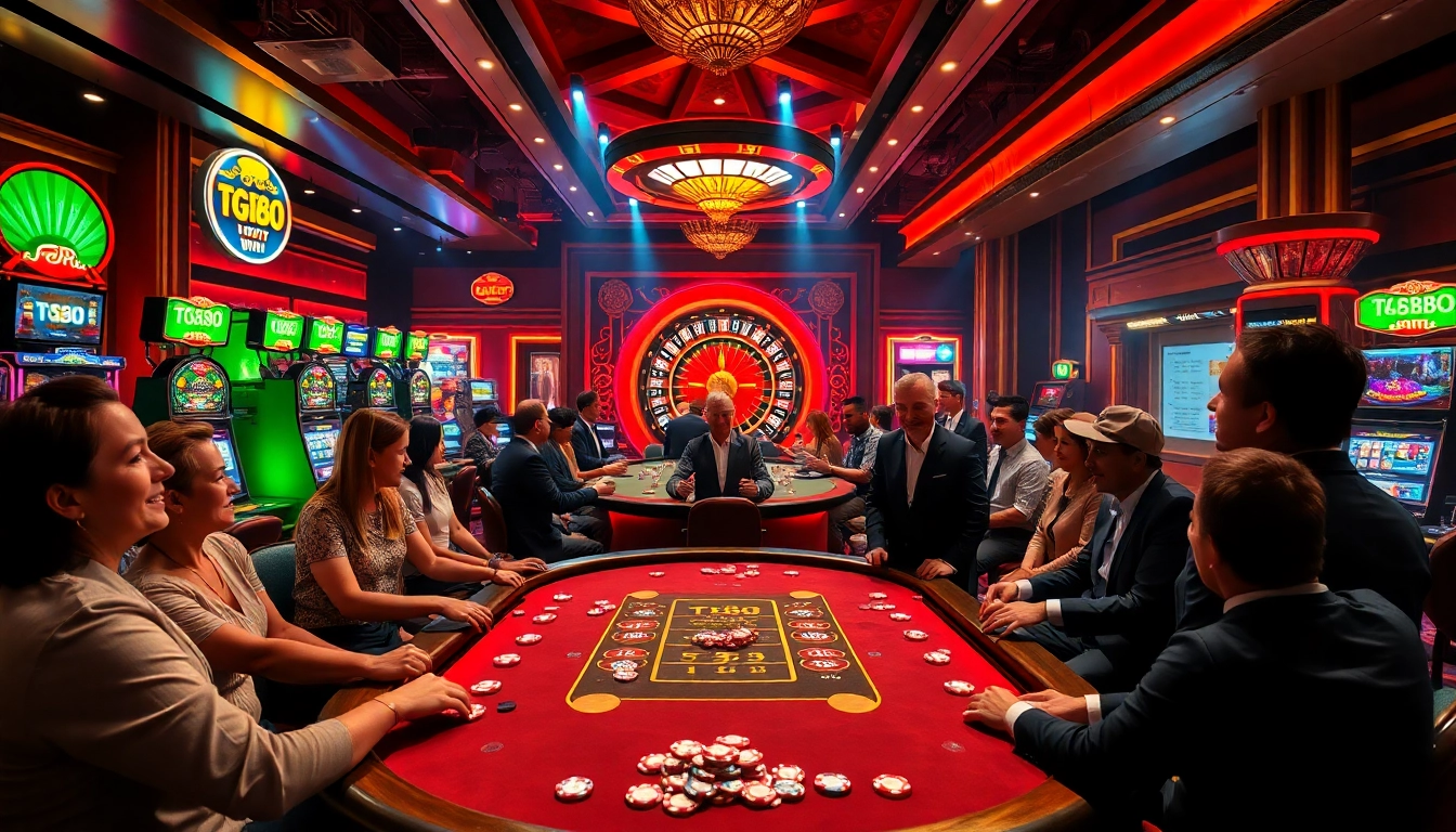 Exciting casino scene featuring "tg88 win" theme with poker play, slot machines, and roulette for gamblers.