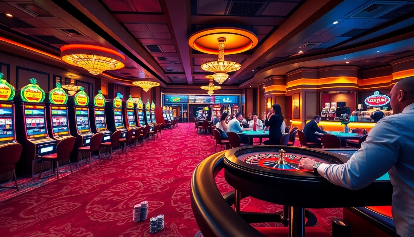 Experience the excitement of hb88 casino with poker tables, vibrant slot machines, and betting action.