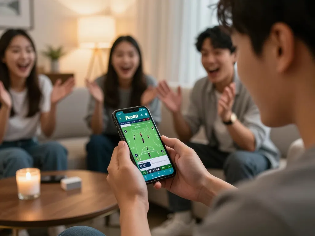 Engaged player using the fun88 app for mobile sports betting, showing excitement in a cozy indoor setting.