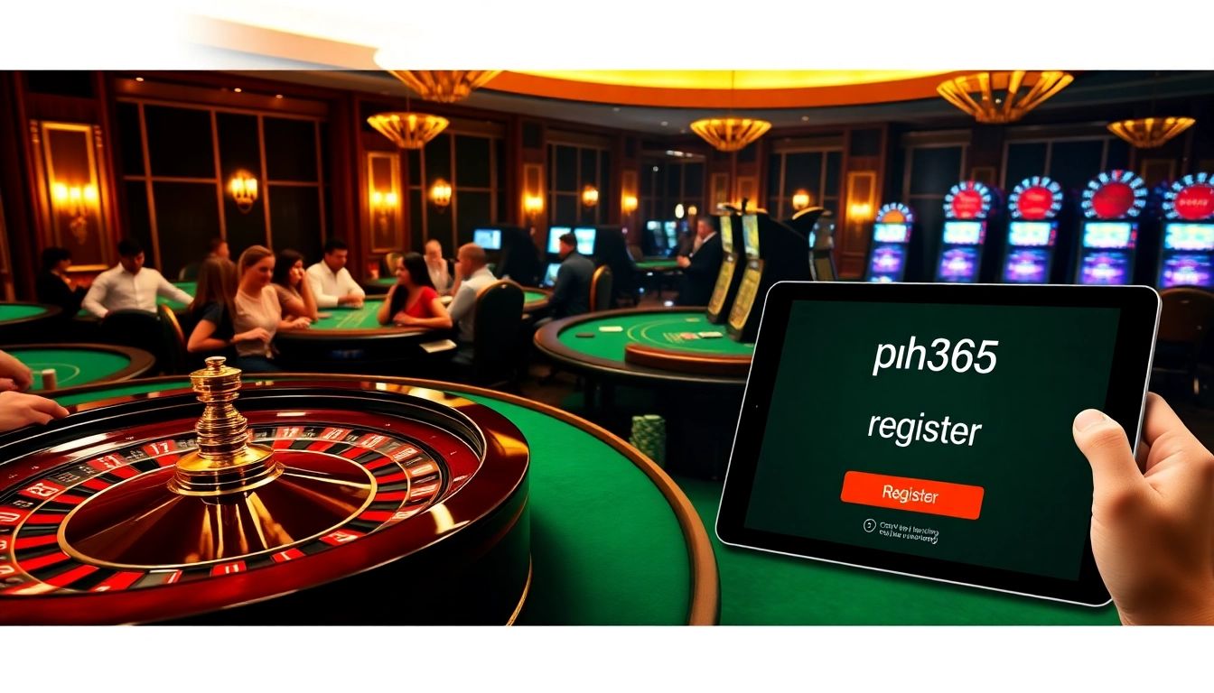 Excited gamblers registering at ph365 while enjoying vibrant casino atmosphere.