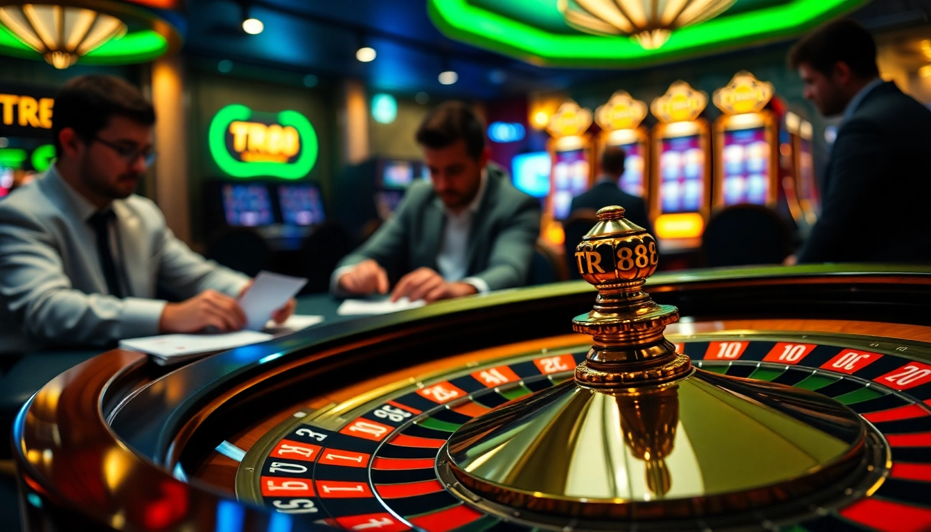Professional poker players at TR88 casino, showcasing excitement with chips and cards.