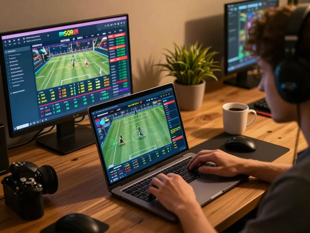 Engaging in MK8 online sports betting on a laptop with real-time odds