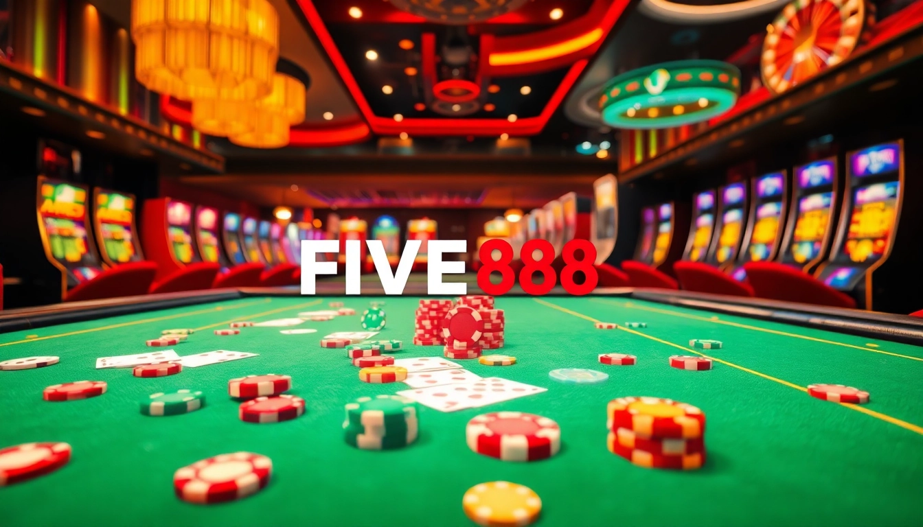 Exciting casino atmosphere featuring FIVE88 with vibrant tables, slot machines, and betting action.