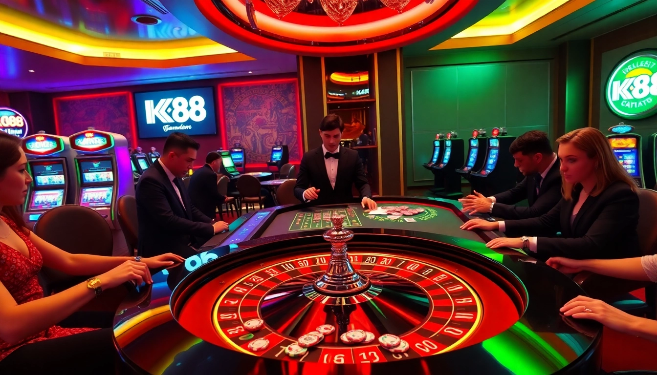 Play at K88's premier casino featuring a lively roulette table surrounded by eager gamblers.