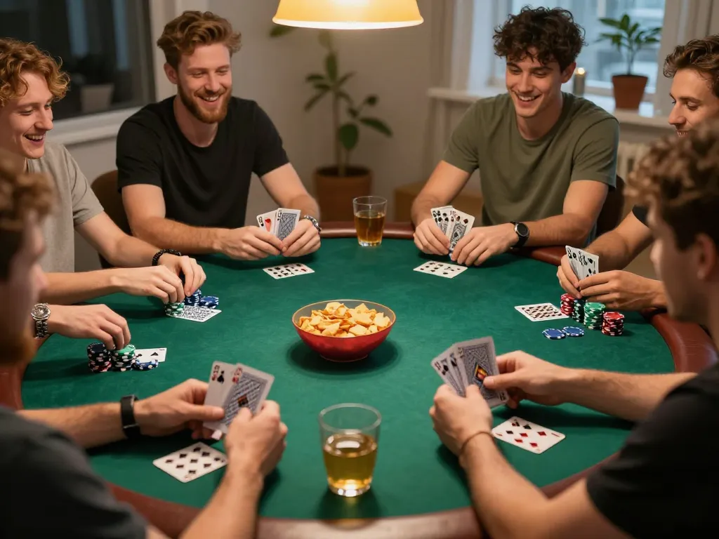 FAFA 828 players enjoy immersive poker night, cards dealt and chips stacked in friendly competition atmosphere.