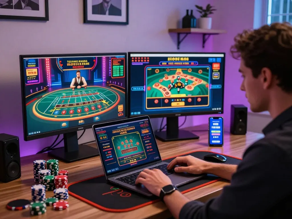 Engaging player at laptop on https://32win.agency/ enjoying online gaming with vibrant graphics and chips.