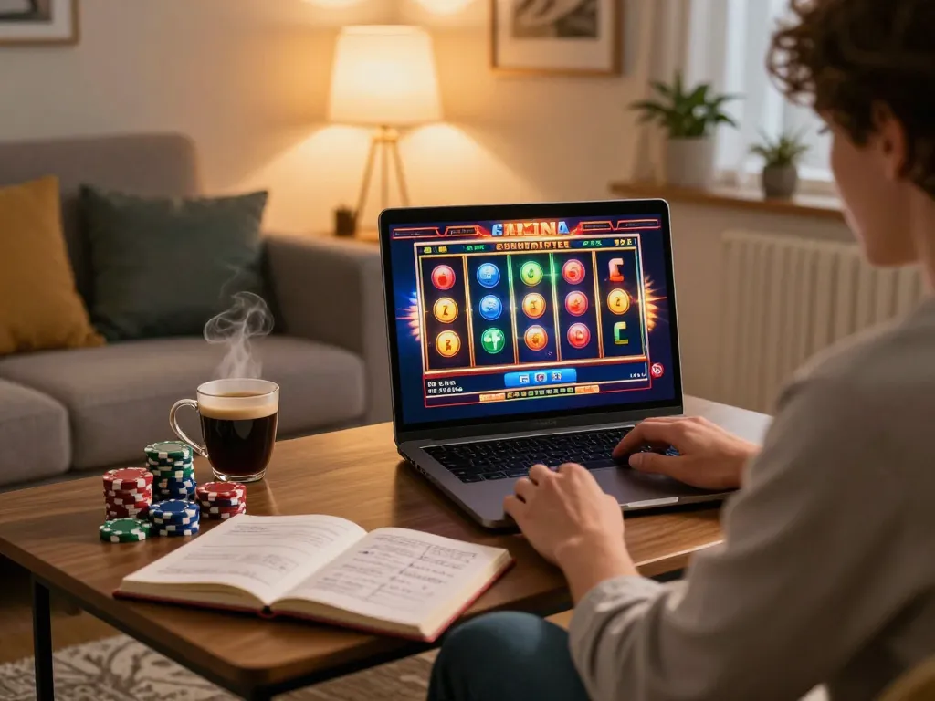 Engaging scene of a person playing slot online at home, enjoying gaming on a laptop with vibrant visuals.