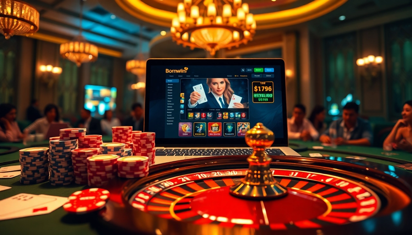 Engage in Đăng ký Bomwin amidst vibrant casino excitement with poker chips and casino elements.