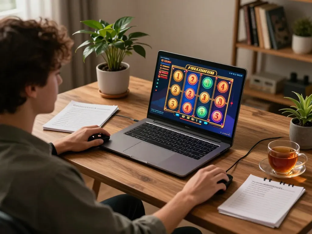 Person engaging in slot online gacor gameplay on a laptop, showcasing a vibrant gaming setup.