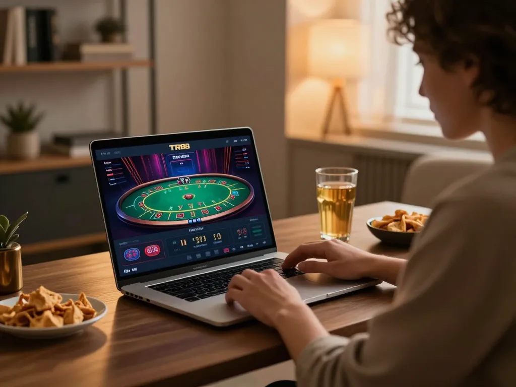 Engaging in blackjack on the TR88 platform in a cozy home gaming setup.