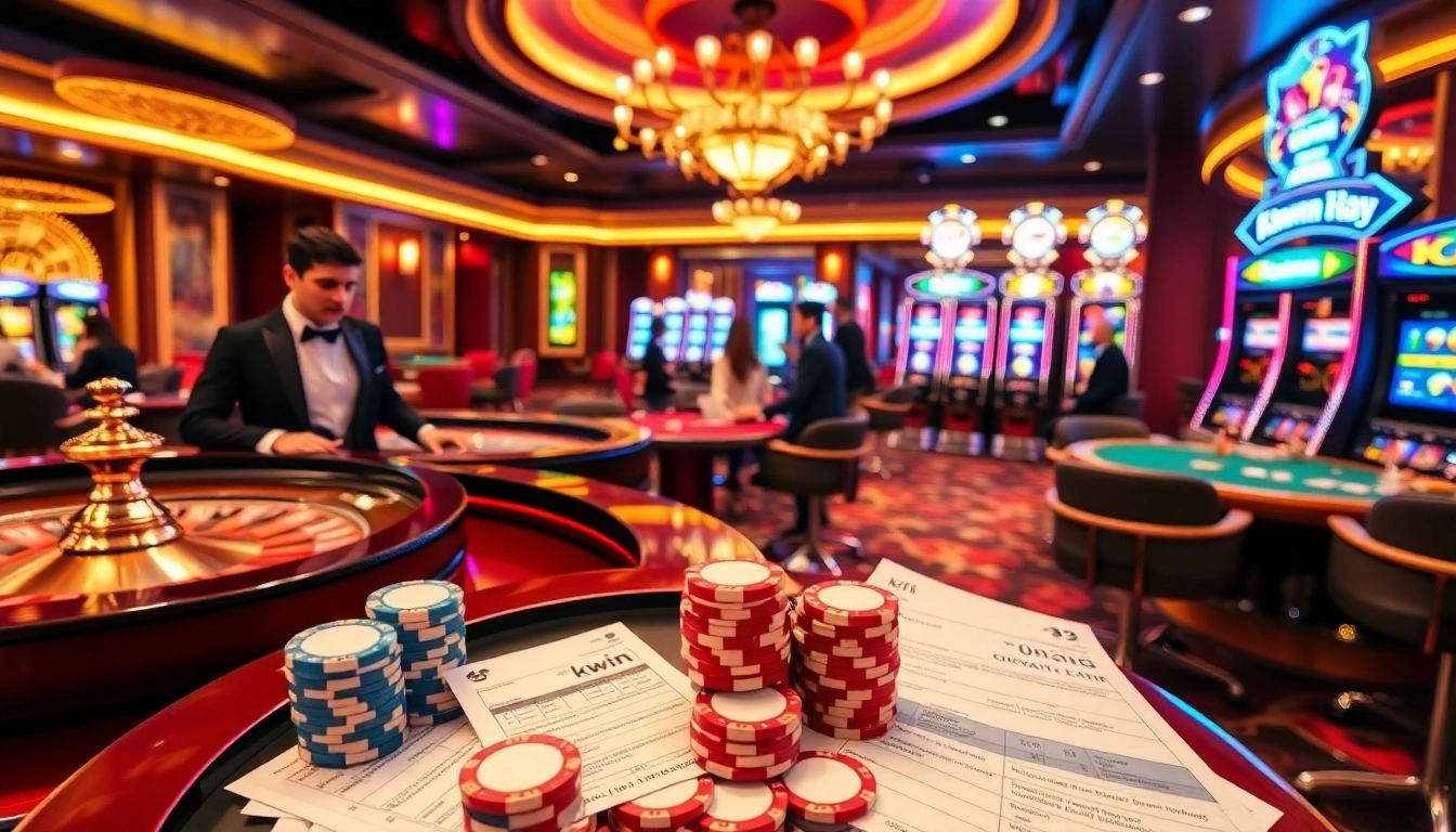 Kkwin casino gaming area showcasing poker players and luxurious roulette table for an exciting gambling experience.
