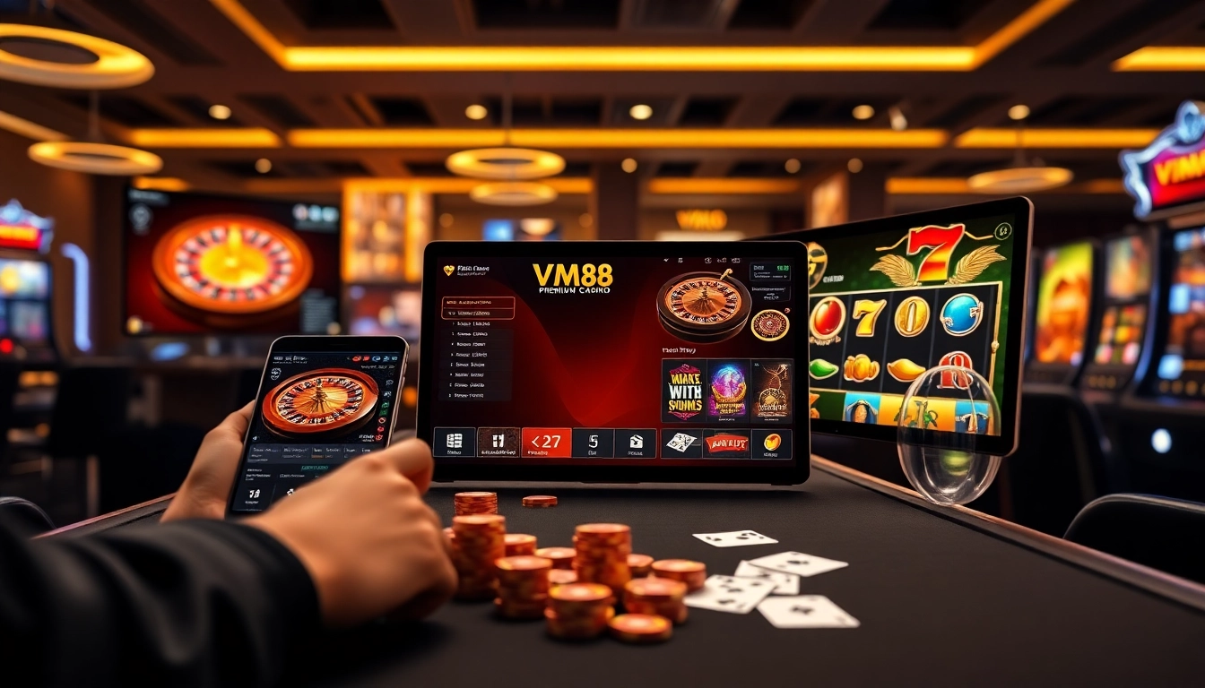 VM88 platform showcasing professional live roulette and poker chip betting in an elegant casino setting