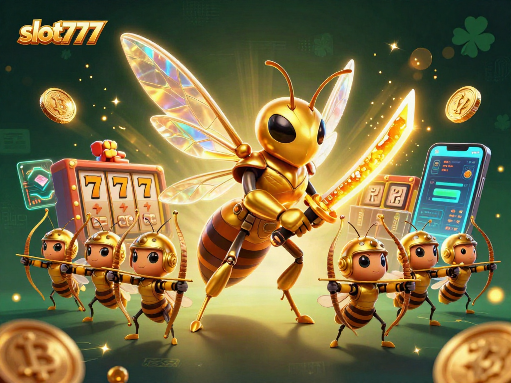 Experience thrilling slot777 adventures with a golden hornet and bee archers in a vibrant casino scene.
