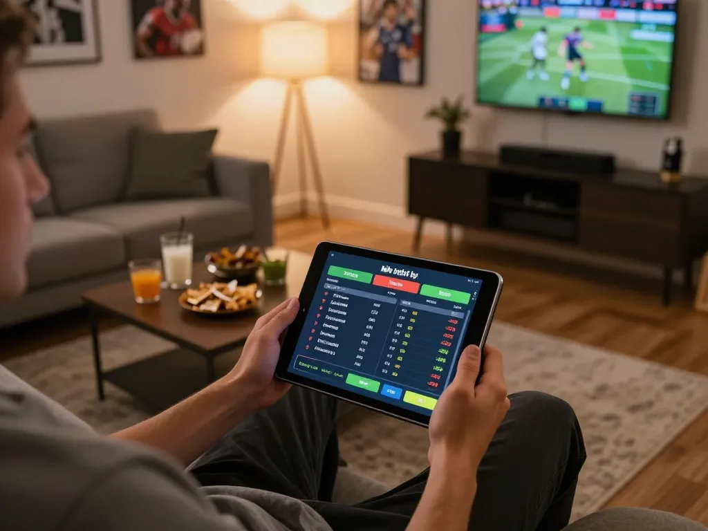 Engaging in kèo nhà cái hôm nay, a person placing bets via tablet in cozy living room setting.