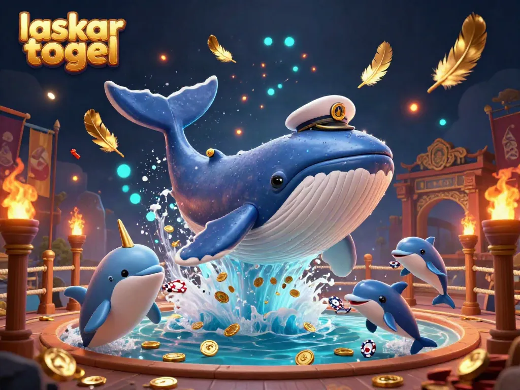 Engage with the vibrant laskar togel scene showcasing a 3D cartoon whale, narwhal, and dolphins amidst gold coins and gambling elements.
