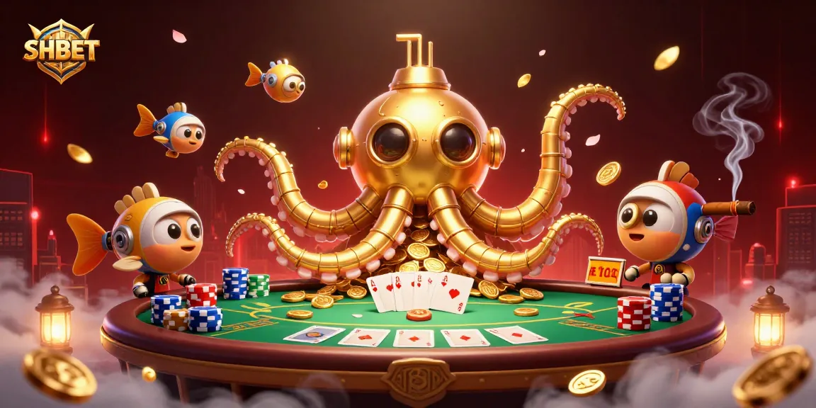 Engage with SHBET's thrilling casino adventure featuring golden kraken submarine and poker elements.