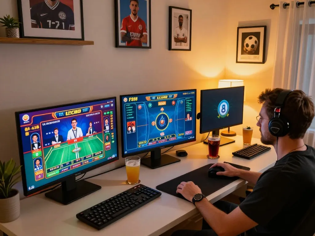 Engaging player using FC88 live casino app on laptop in home office setting