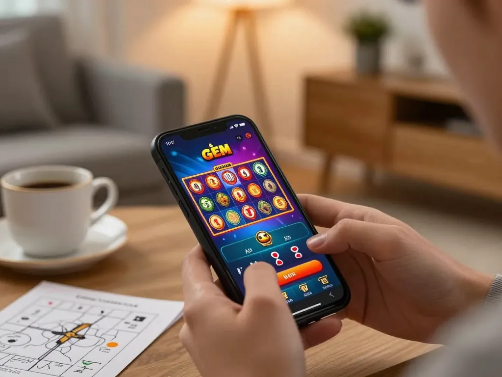 Enjoying the GEM WIN app while engaging in online casino games in a cozy home setting