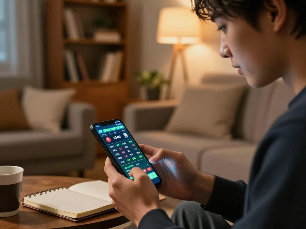Bsport user analyzing sports betting odds on smartphone in cozy home setting.