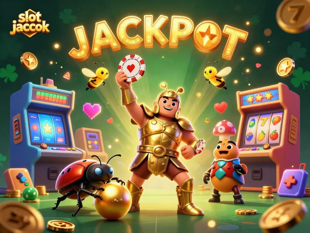 Slot jackpot menampilkan kejuaraan dalam ilustrasi 3D dengan karakter dan mesin slot berdampak.