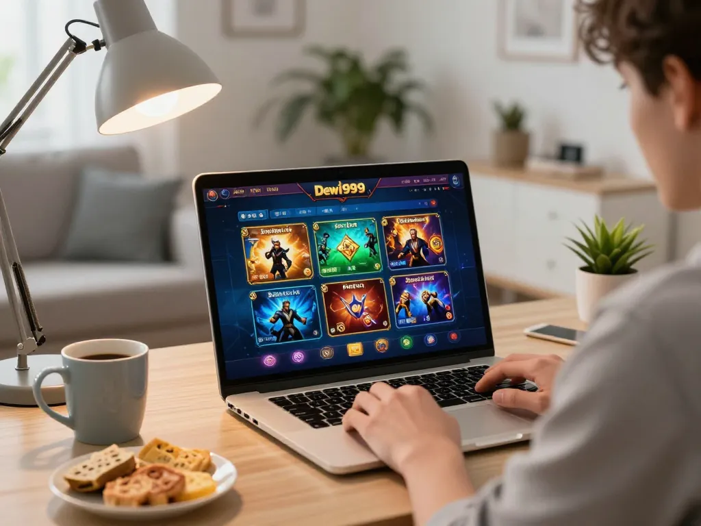 Pemain menikmati sesi permainan online Dewi999 yang mendebarkan dengan antarmuka yang menarik di laptop.