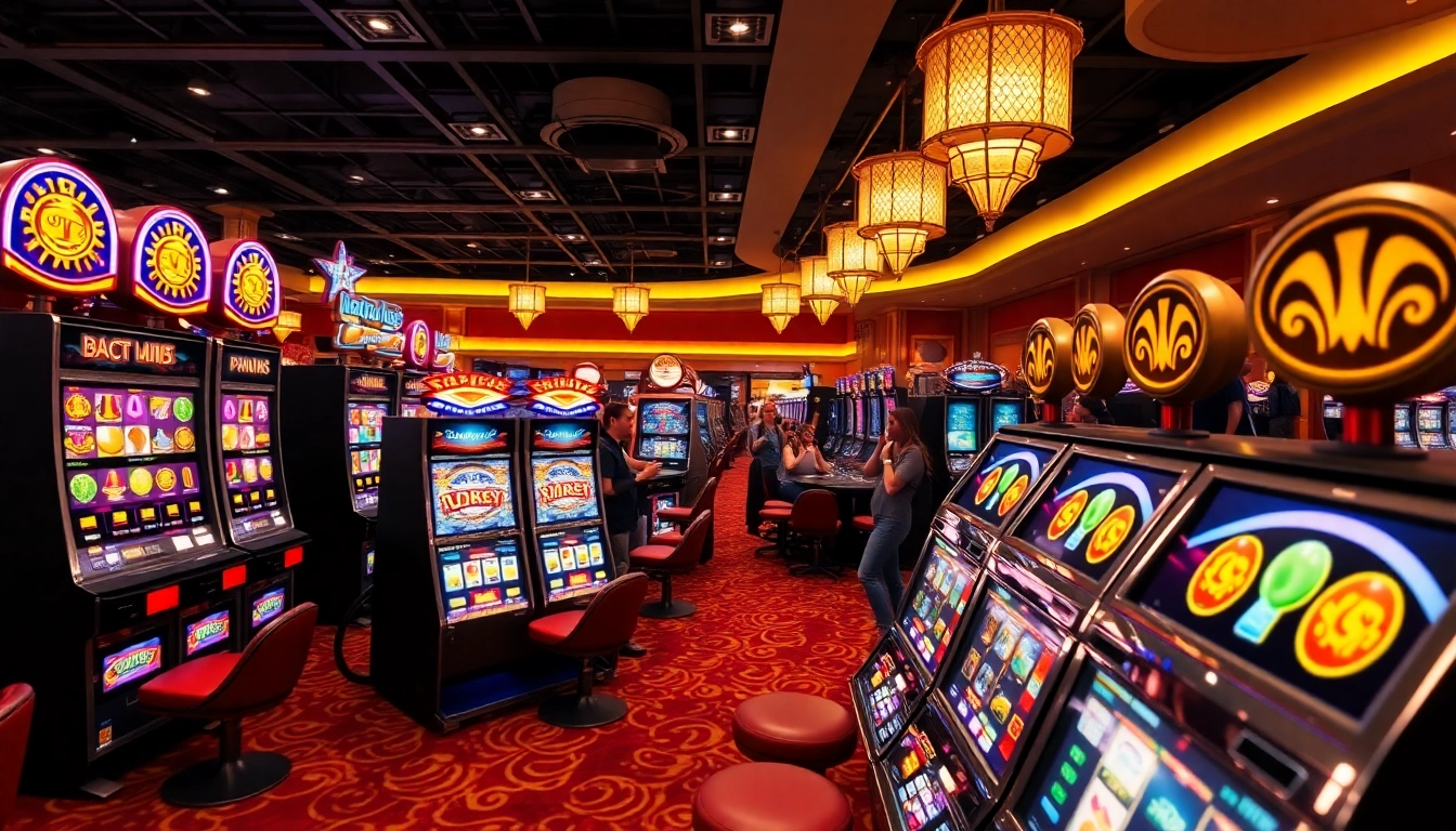 Experience the excitement of GemBet Online Casino with vibrant slot machines and cheering players.