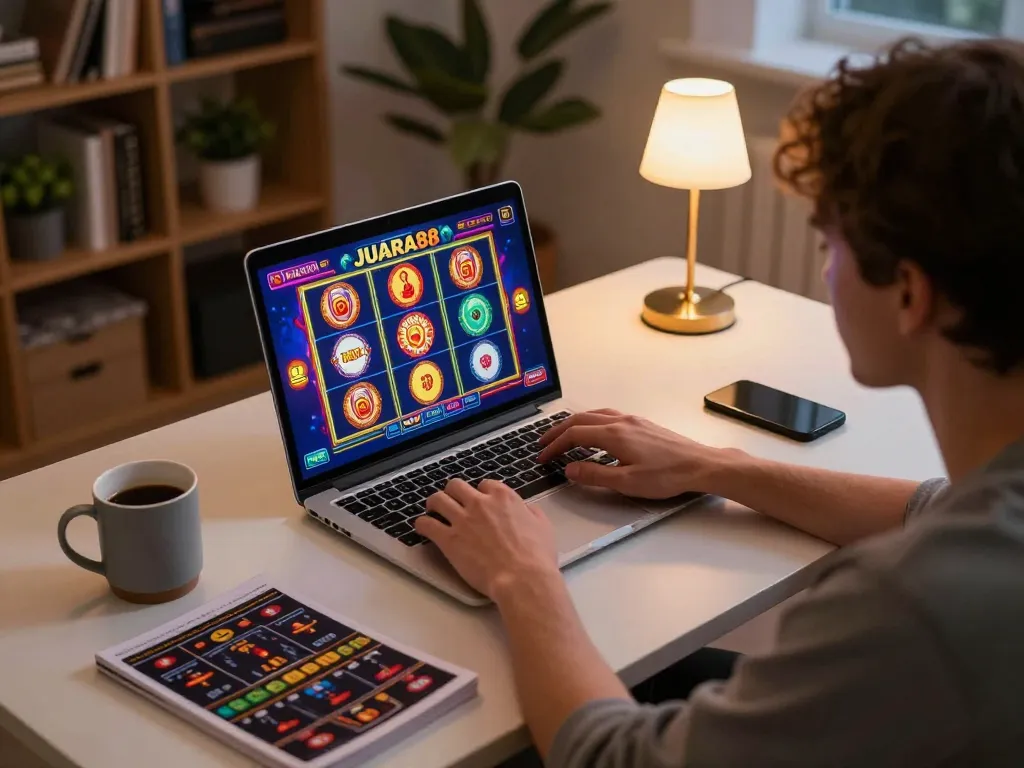 Engaged player spinning JUARA88 slots on a laptop, showcasing an exciting online gambling environment.