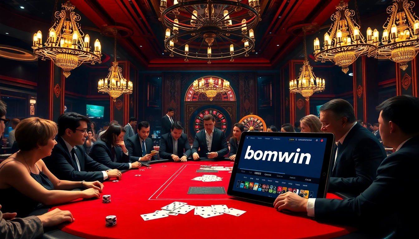 Experience thrilling poker gameplay featuring bomwin chips and players strategizing their next moves.