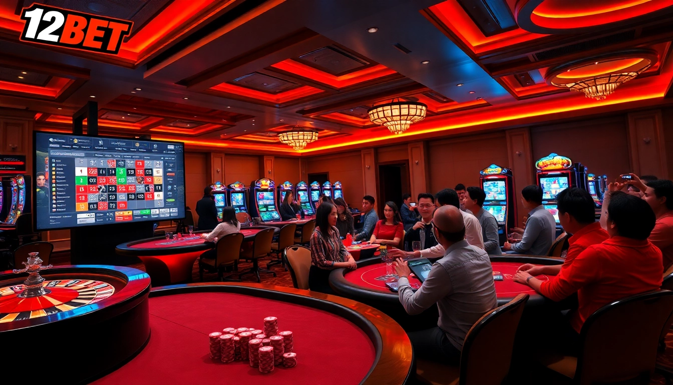 Players enjoying an exciting gaming experience at 12BET casino, showcasing rich colors and vibrant atmosphere.