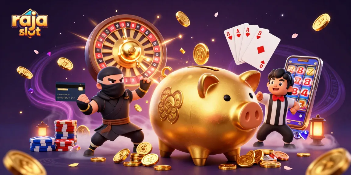Engage in epic gameplay with raja slot as dynamic characters battle amidst cascading golden coins and casino elements.