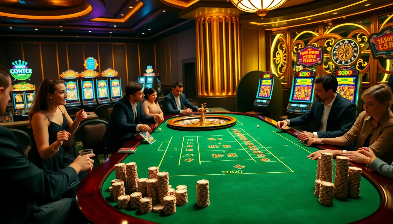 SODO gaming table experience with players excitedly placing bets and rolling dice.