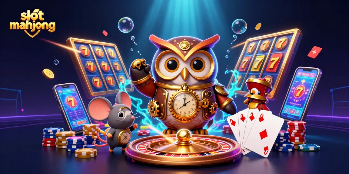 Engage with slot mahjong in a vibrant 3D casino scene featuring an owl and mouse.
