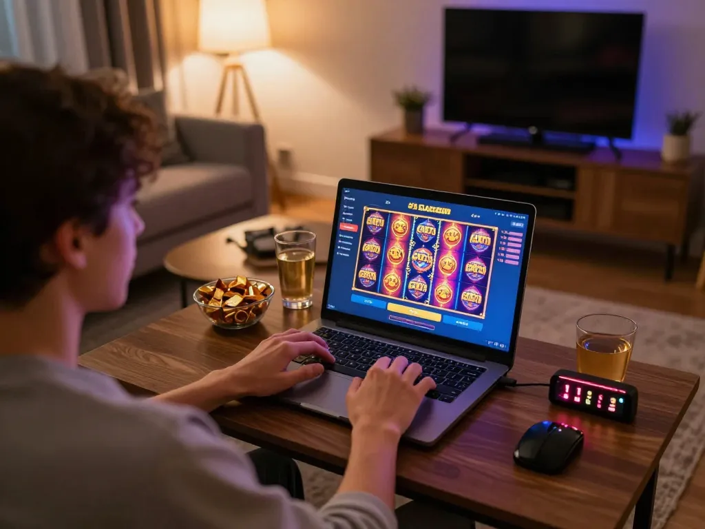 Engaging gameplay at home with slot gacor interface visible on laptop, showing strategic betting decisions.