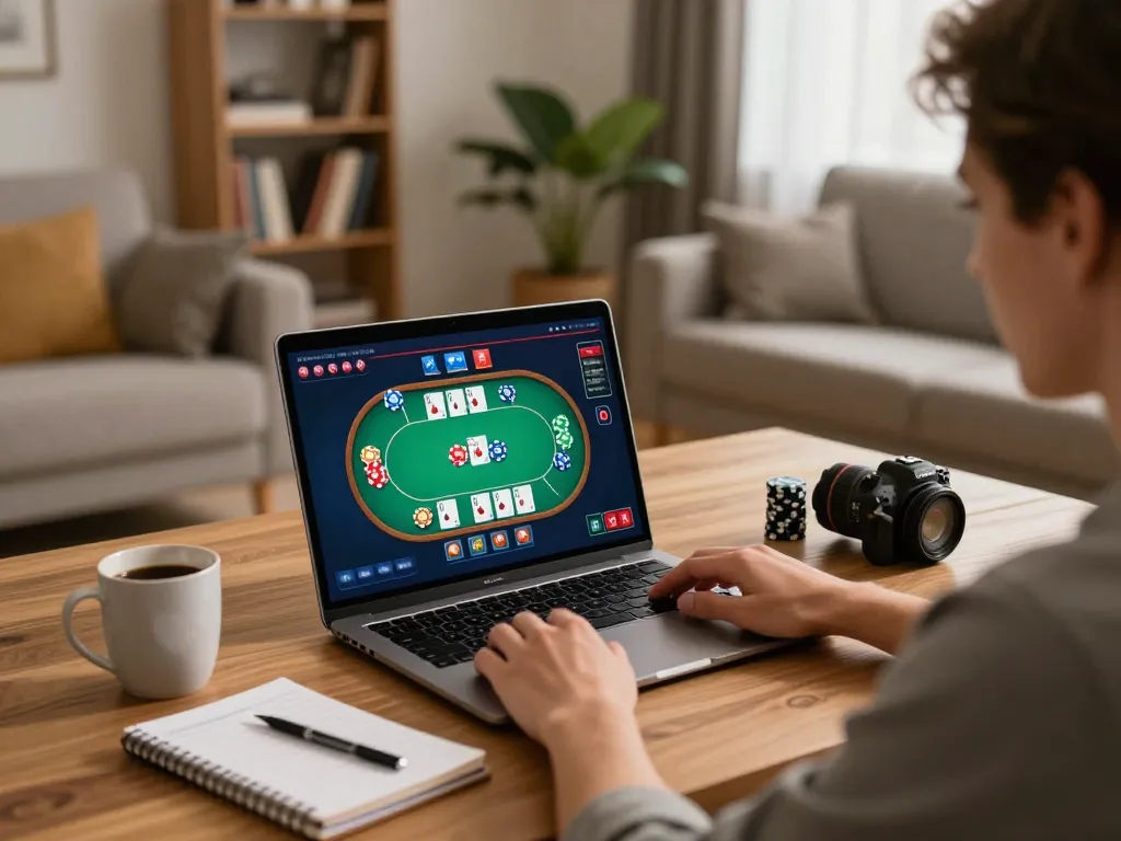 Player enjoying SC88 online poker with strategic notes and chips in a cozy home setup.