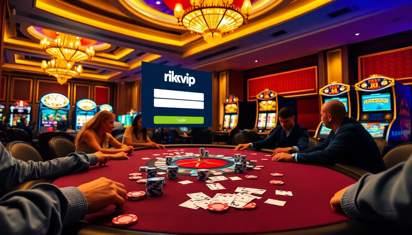 Rikvip đăng nhập interface displayed over an exciting casino scene with poker chips and cards.