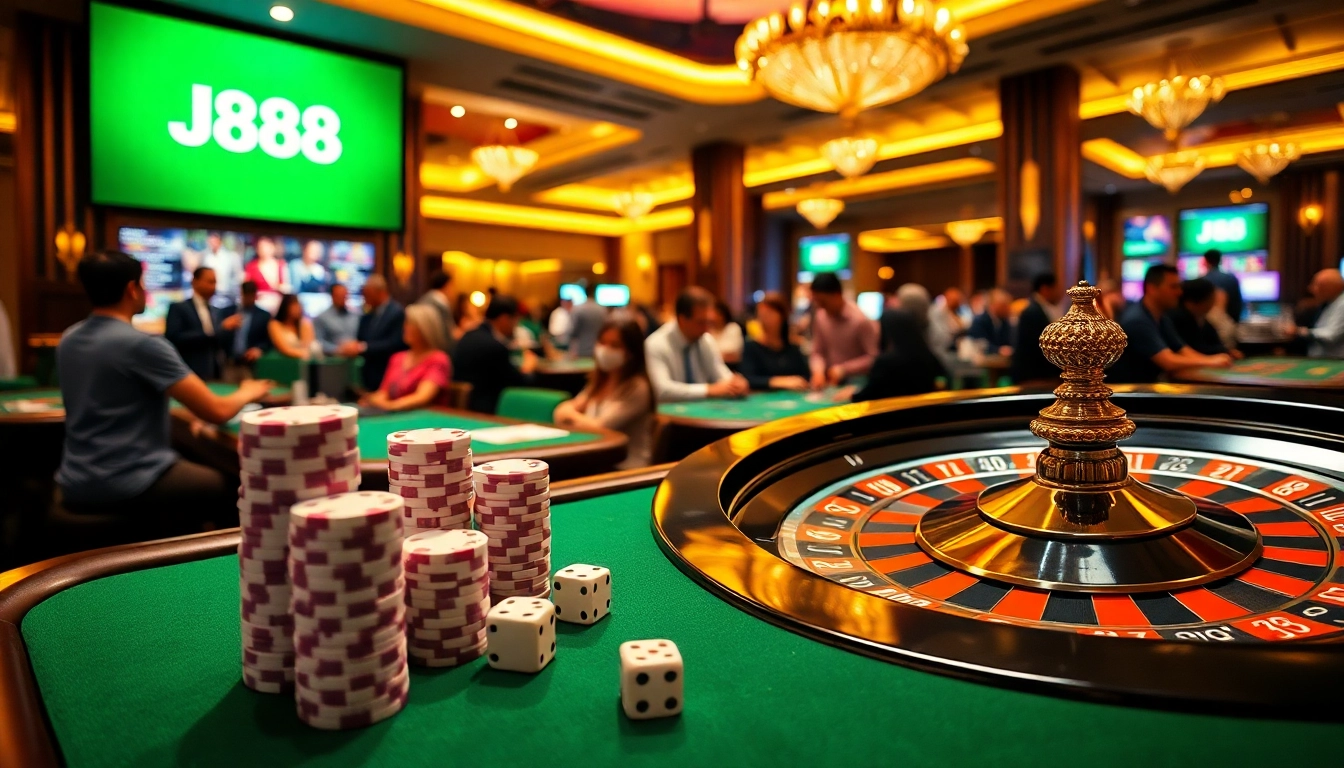 Experience thrilling gameplay at J88 with vibrant casino scenes and engaging casino tables.