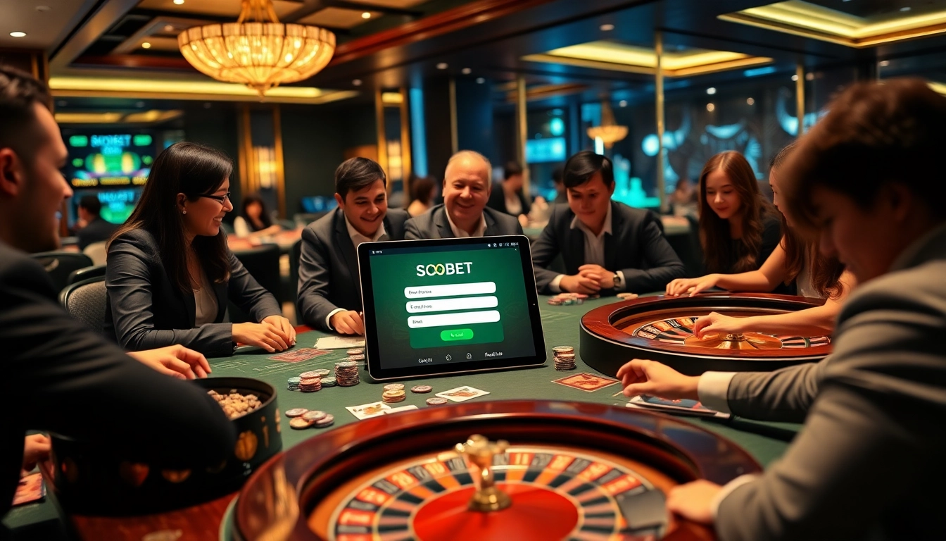 Sbobet login interface displayed among chips and cards on a luxurious casino table.