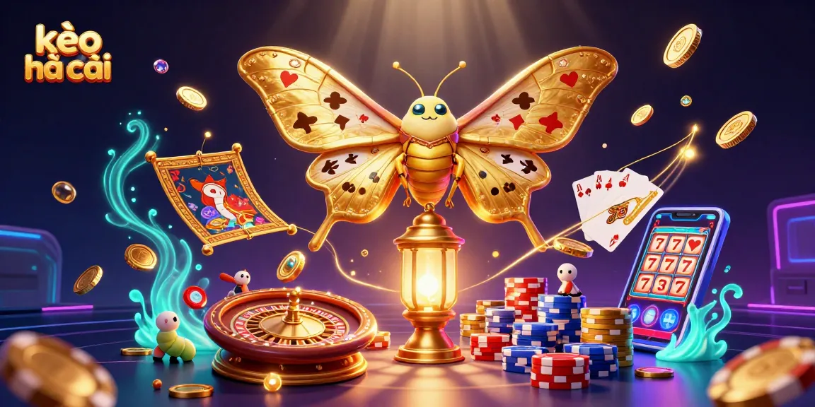 Experience kèo nhà cái with an engaging 3D illustration of golden-winged moths amidst a lively casino scene.