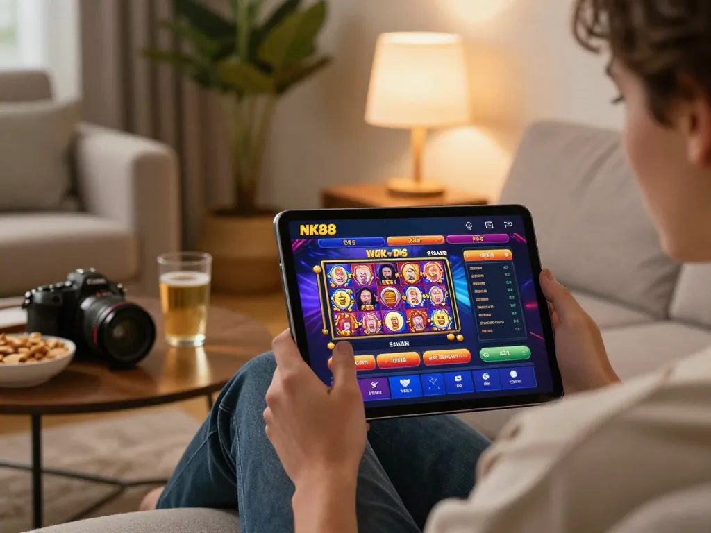 Player engaging with the NK88 casino app on a tablet in a cozy home setting, enjoying a responsible gaming experience.