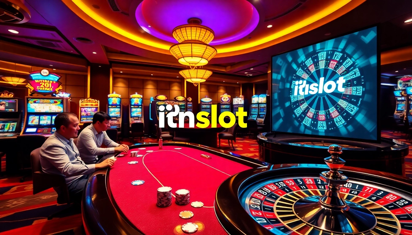 Exciting gaming scene showcasing idnslot amidst vibrant casino elements with poker tables and slot machines.