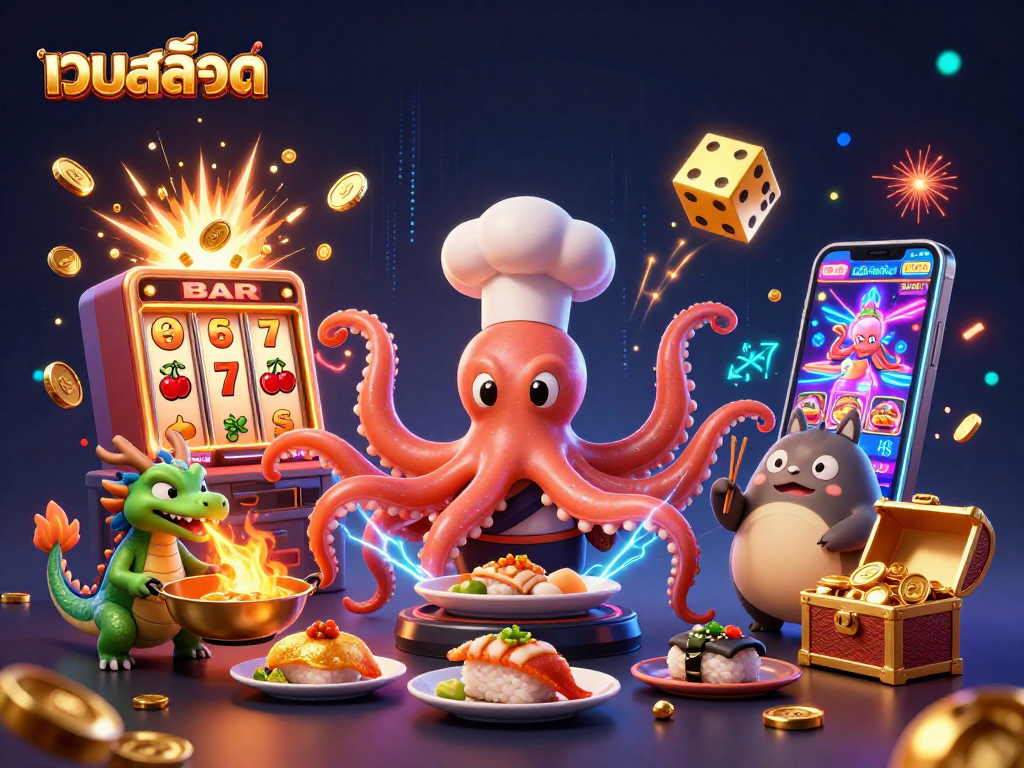 Spinning เว็บสล็อต reels with a sushi chef octopus and dragon, celebrating a jackpot explosion!