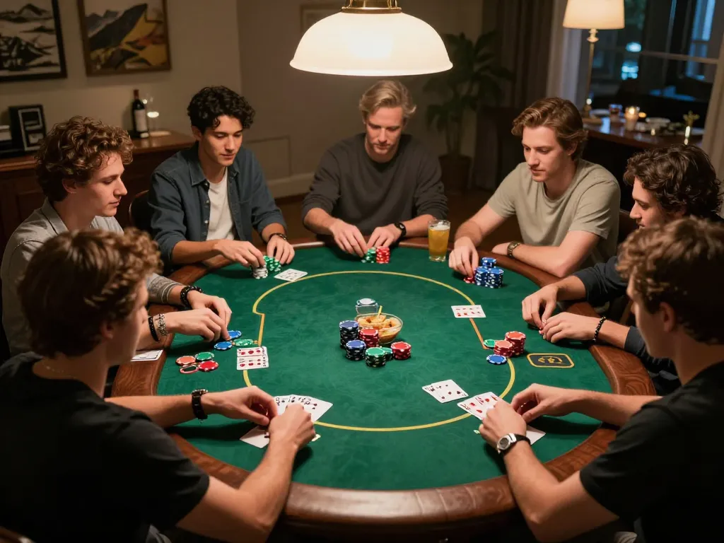 Friends engaging in a thrilling poker game during a nighttime gathering, showcasing the social atmosphere of nowgoal.