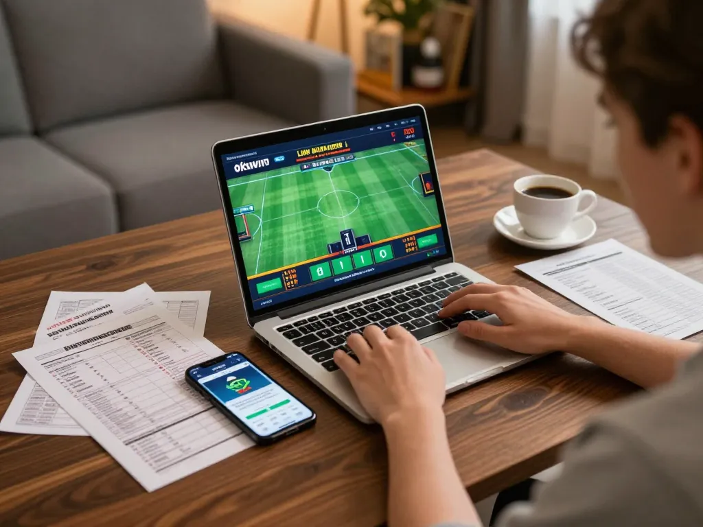 Engaging in sports betting on a laptop while exploring Liên minh okwin offerings in a cozy home.