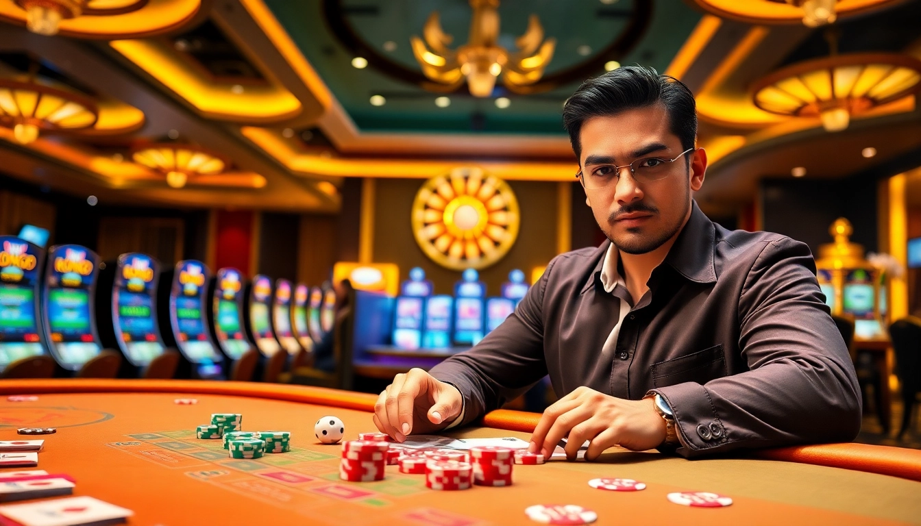 KONG88 gaming table with vibrant poker chips and cards, illustrating a thrilling casino atmosphere.