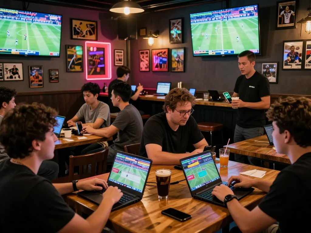 Engaging fans analyzing tỷ lệ kèo trực tuyến while enjoying live sports in a vibrant sports bar atmosphere.