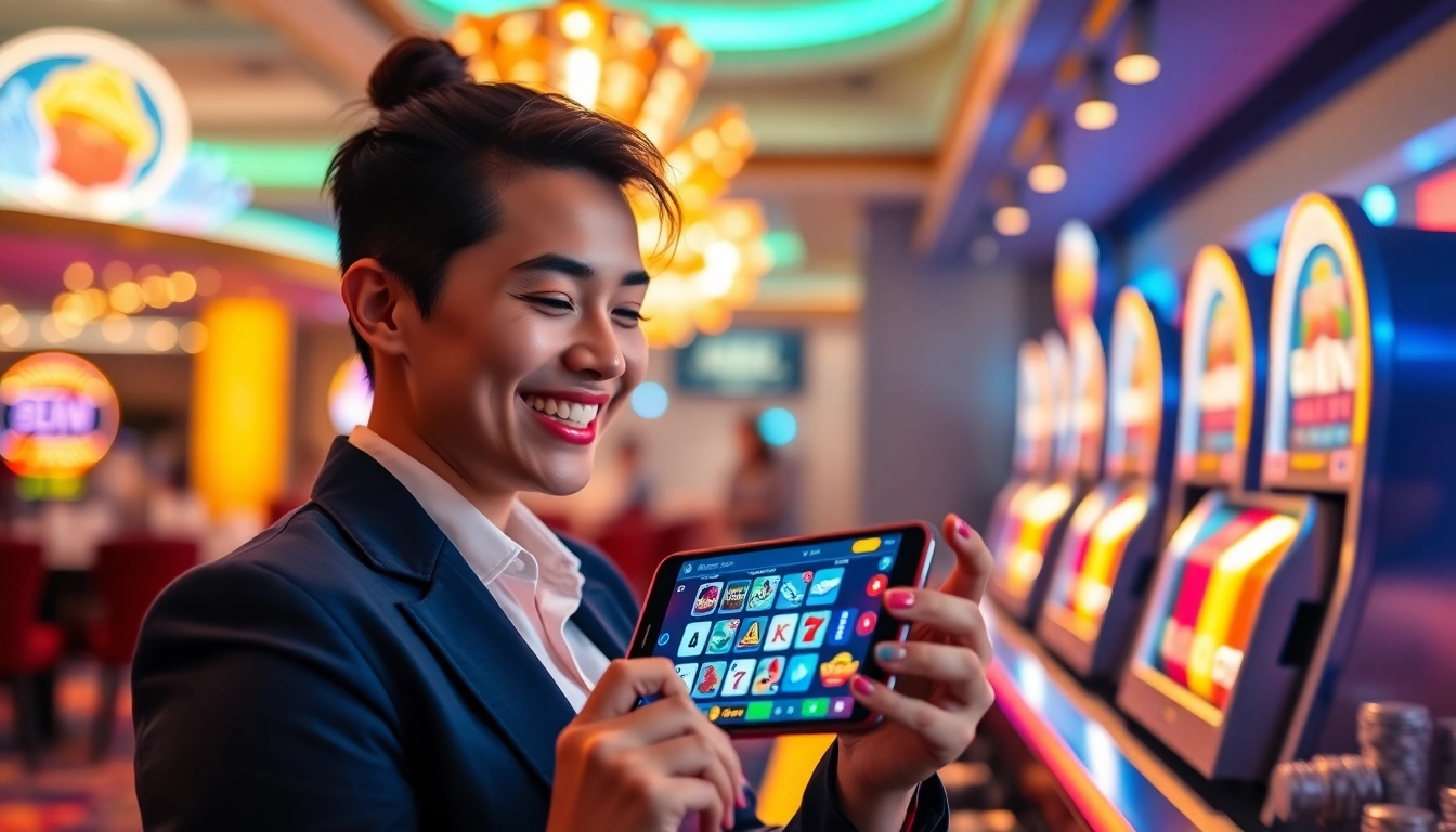 Nhatvip APK iOS Android: User enjoying the app in a vibrant gaming environment with casino elements.